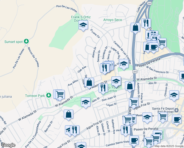 map of restaurants, bars, coffee shops, grocery stores, and more near 121 Solana Drive in Santa Fe