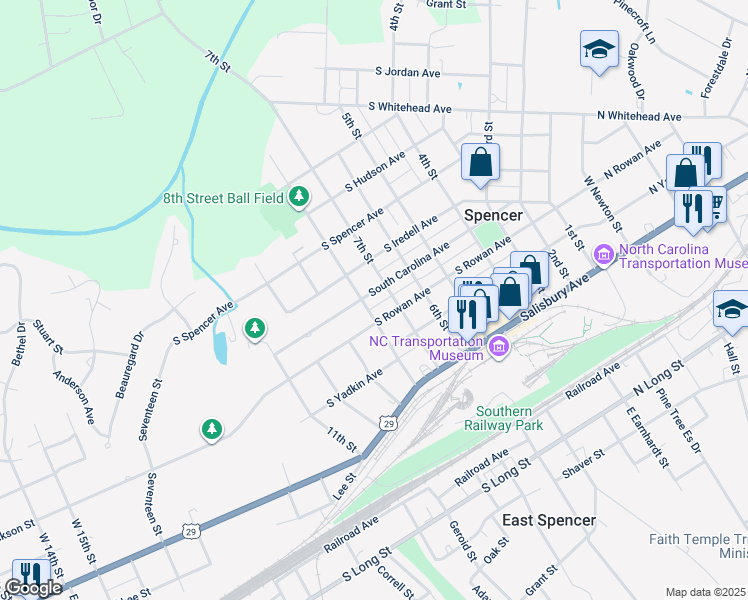 map of restaurants, bars, coffee shops, grocery stores, and more near 707 South Carolina Avenue in Spencer
