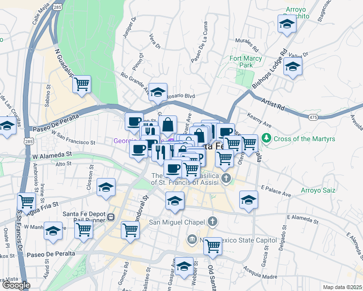 map of restaurants, bars, coffee shops, grocery stores, and more near 136 Grant Avenue in Santa Fe