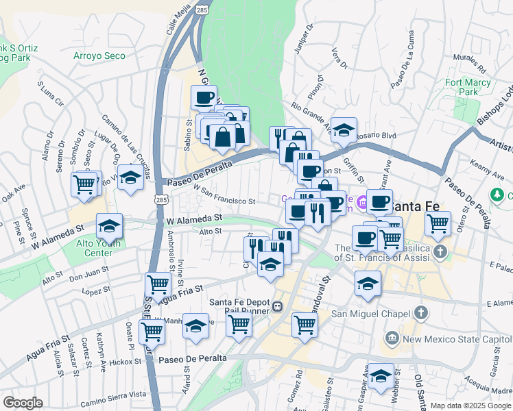 map of restaurants, bars, coffee shops, grocery stores, and more near 560 West San Francisco Street in Santa Fe