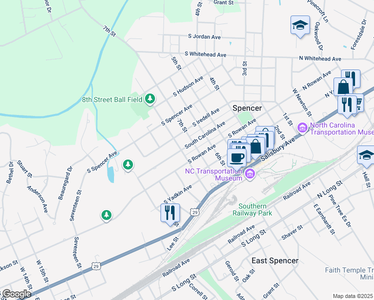 map of restaurants, bars, coffee shops, grocery stores, and more near 707 South Carolina Avenue in Spencer
