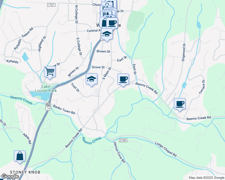 map of restaurants, bars, coffee shops, grocery stores, and more near 130 Reems Creek Road in Weaverville