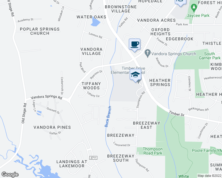 map of restaurants, bars, coffee shops, grocery stores, and more near 215 Tiffany Cir in Garner