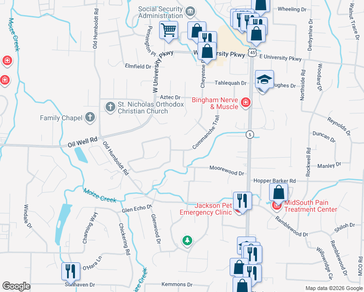 map of restaurants, bars, coffee shops, grocery stores, and more near 189 Commanche Trail in Jackson