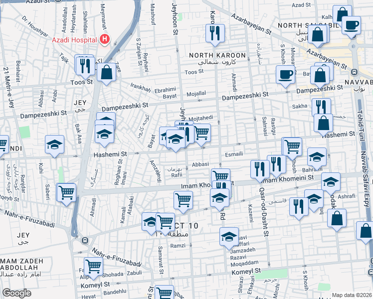 map of restaurants, bars, coffee shops, grocery stores, and more near Jeyhoon Street in Tehran