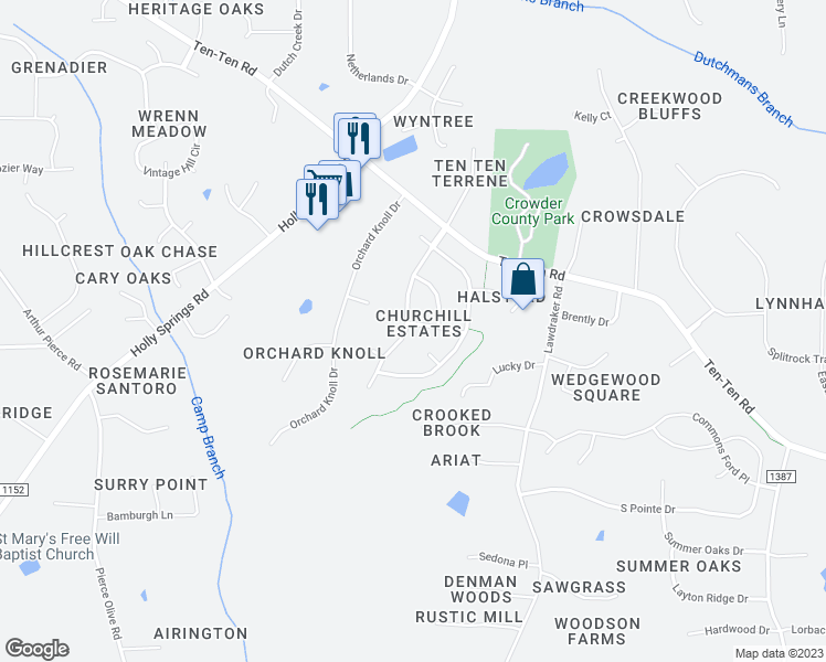 map of restaurants, bars, coffee shops, grocery stores, and more near 7001 Churchill Falls Place in Apex