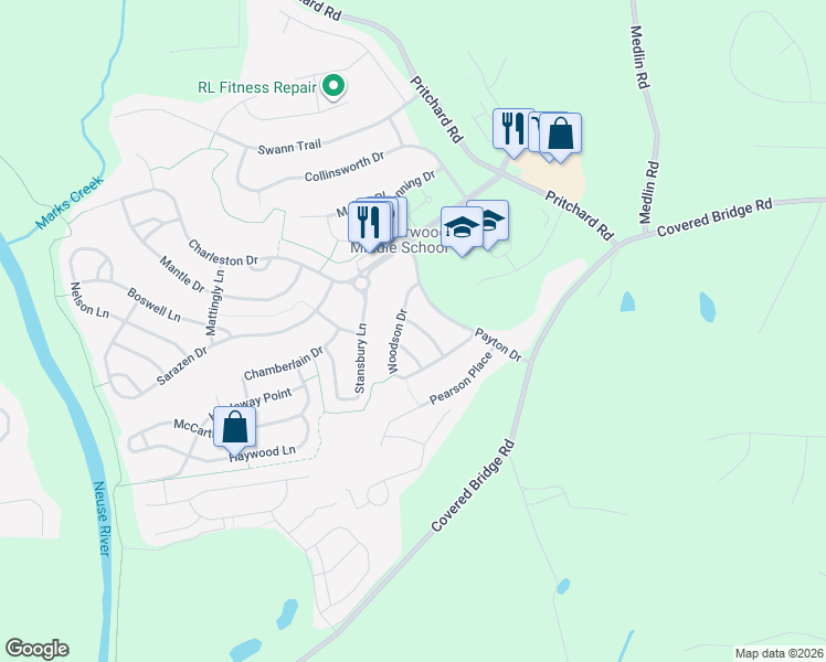 map of restaurants, bars, coffee shops, grocery stores, and more near 129 Buchanan Lane in Clayton