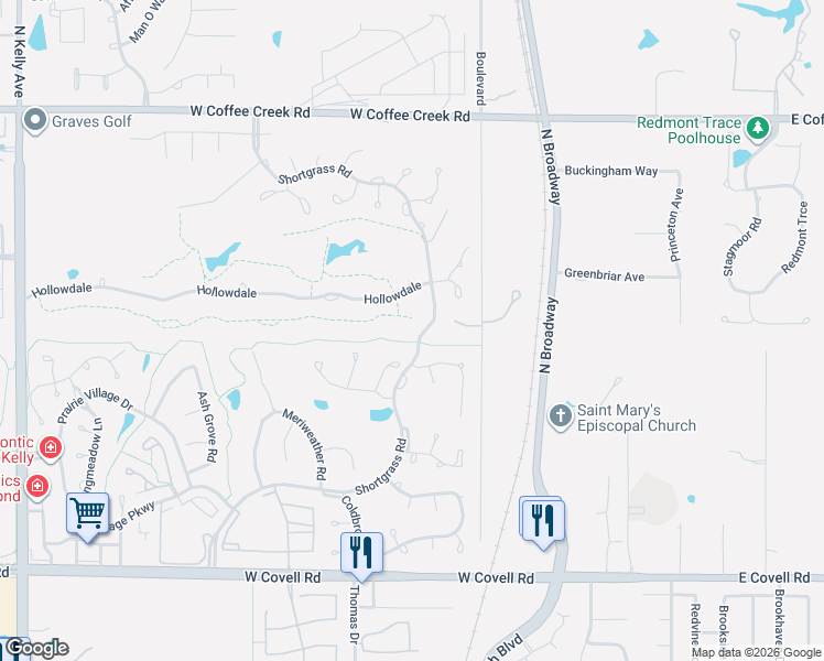 map of restaurants, bars, coffee shops, grocery stores, and more near 3357 Shortgrass Road in Edmond
