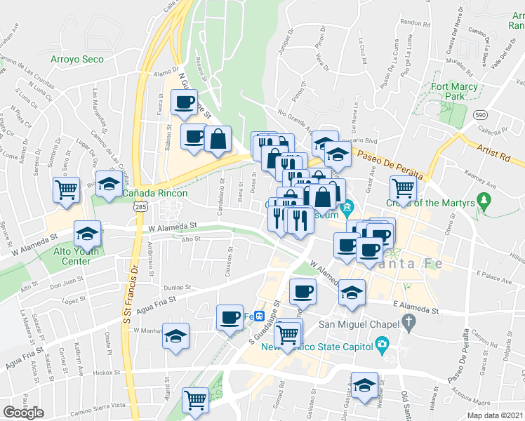 map of restaurants, bars, coffee shops, grocery stores, and more near 529 W San Francisco St in Santa Fe