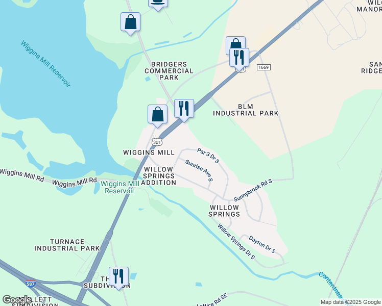 map of restaurants, bars, coffee shops, grocery stores, and more near 1104 Par 3 Drive South in Wilson