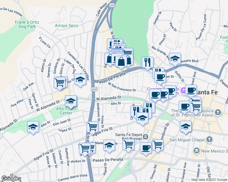 map of restaurants, bars, coffee shops, grocery stores, and more near 121 Villa Alegre Street in Santa Fe