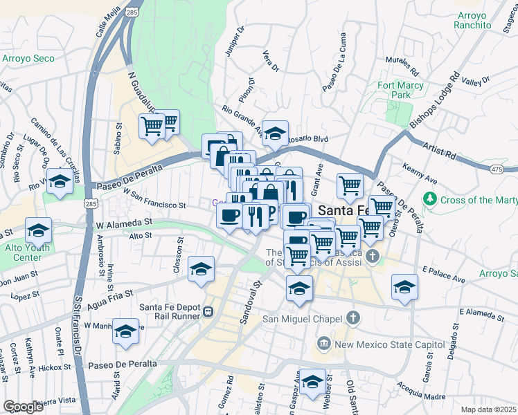 map of restaurants, bars, coffee shops, grocery stores, and more near 207 North Guadalupe Street in Santa Fe