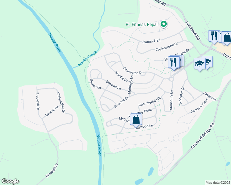 map of restaurants, bars, coffee shops, grocery stores, and more near 120 Nelson Lane in Clayton