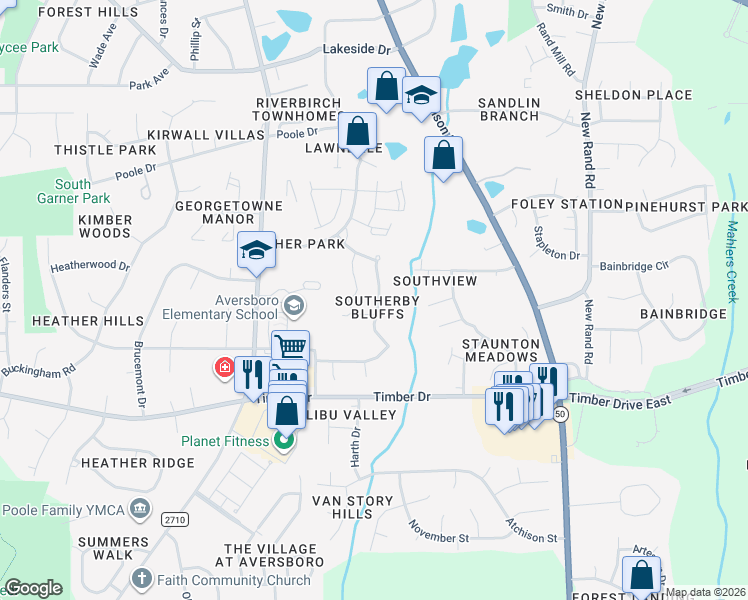 map of restaurants, bars, coffee shops, grocery stores, and more near 350 Mariah Towns Way in Garner