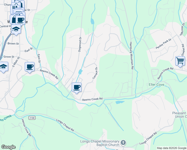 map of restaurants, bars, coffee shops, grocery stores, and more near 7 Lakeview Lane in Weaverville