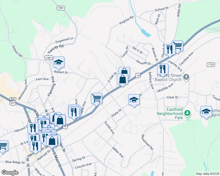 map of restaurants, bars, coffee shops, grocery stores, and more near 711 East Court Street in Marion