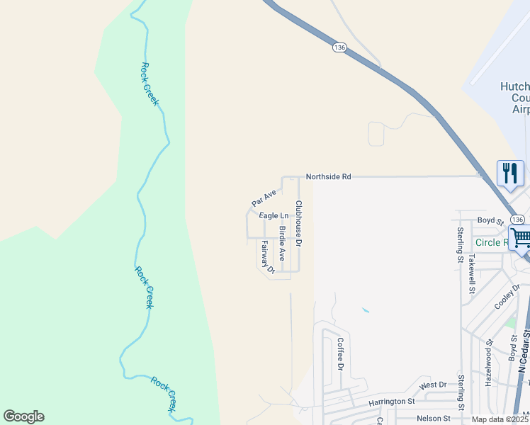 map of restaurants, bars, coffee shops, grocery stores, and more near 106 Eagle Lane in Borger