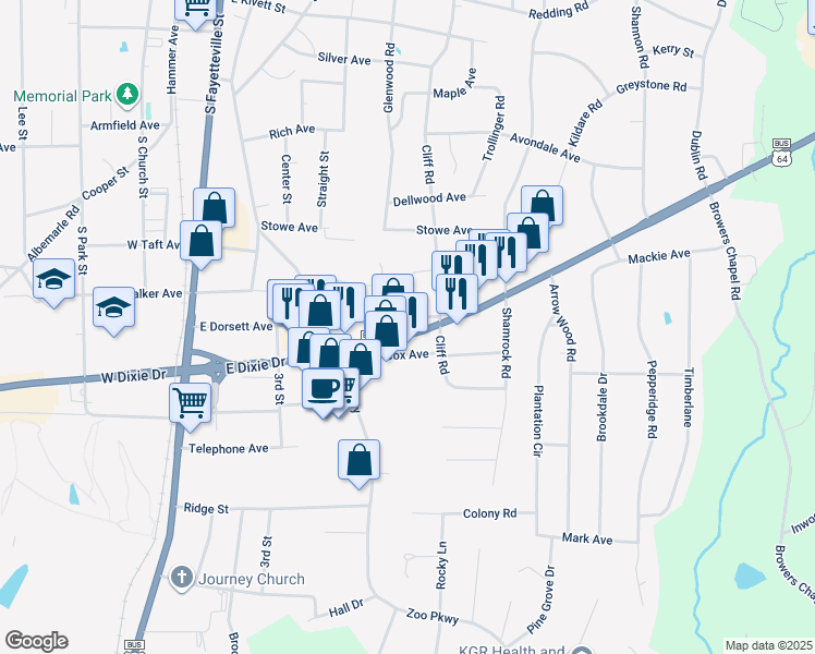 map of restaurants, bars, coffee shops, grocery stores, and more near 539 East Dixie Drive in Asheboro