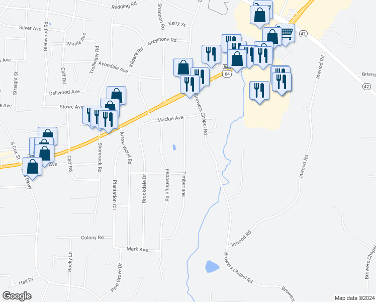 map of restaurants, bars, coffee shops, grocery stores, and more near 1223 Timberlane in Asheboro
