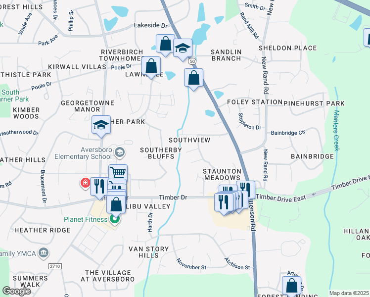 map of restaurants, bars, coffee shops, grocery stores, and more near 112 Blackthorne Place in Garner