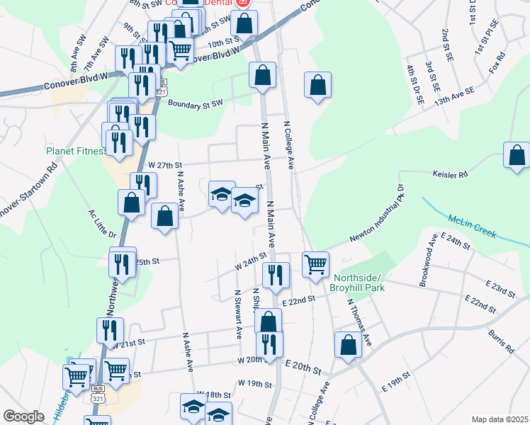 map of restaurants, bars, coffee shops, grocery stores, and more near 2437 North Main Avenue in Newton