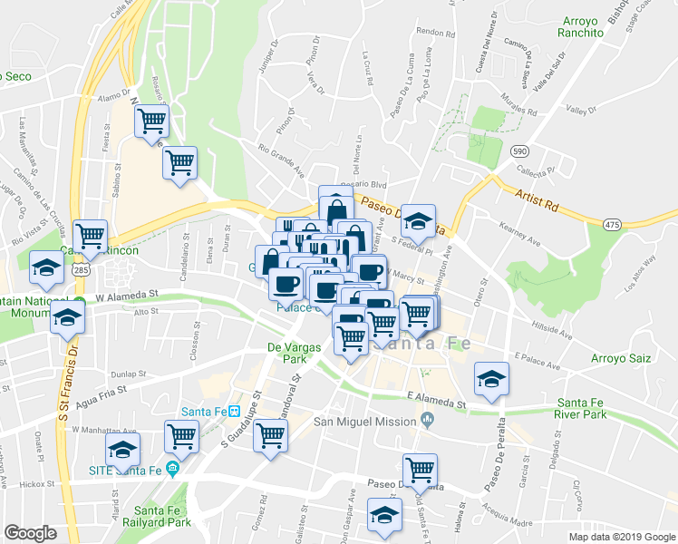 map of restaurants, bars, coffee shops, grocery stores, and more near 220 1/2 Mckenzie Street in Santa Fe