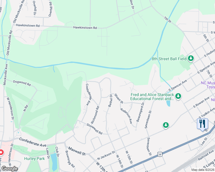 map of restaurants, bars, coffee shops, grocery stores, and more near 404 Bethel Drive in Salisbury