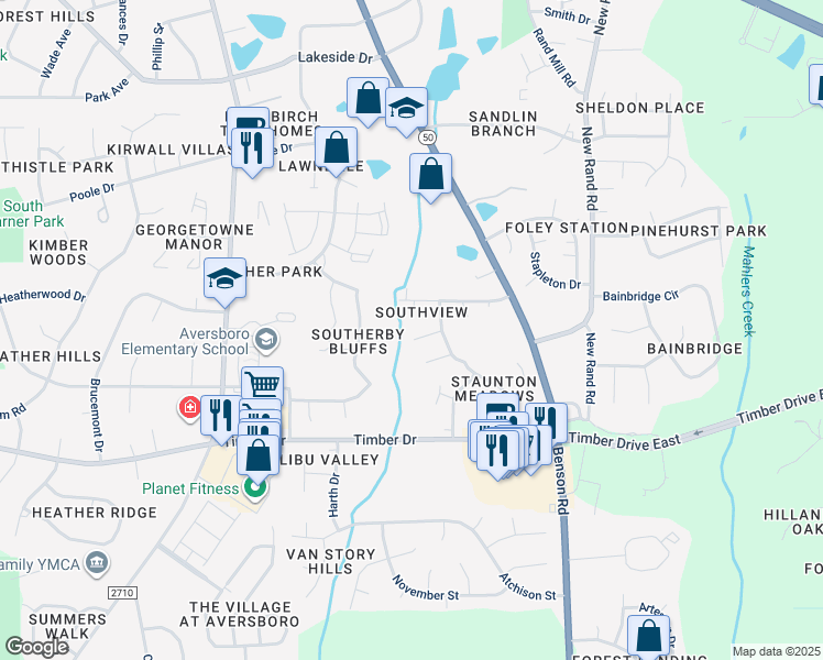 map of restaurants, bars, coffee shops, grocery stores, and more near 112 Blackthorne Place in Garner