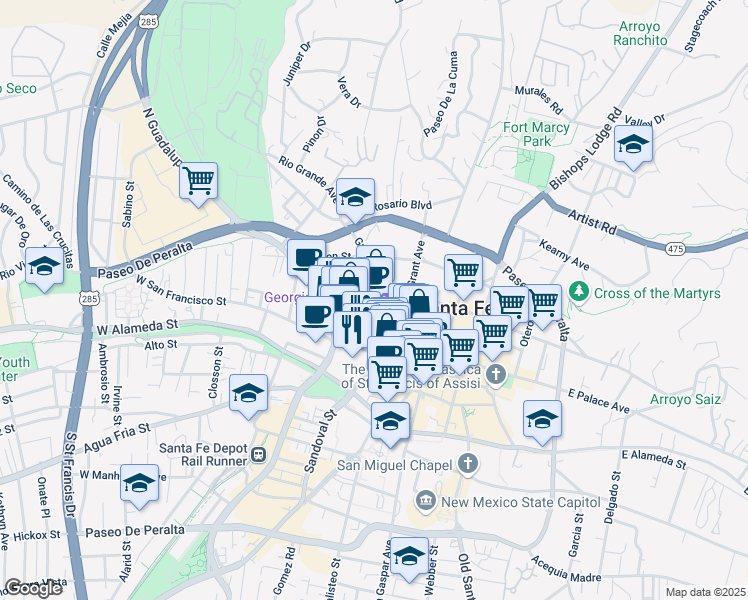 map of restaurants, bars, coffee shops, grocery stores, and more near 220 1/2 Mckenzie Street in Santa Fe