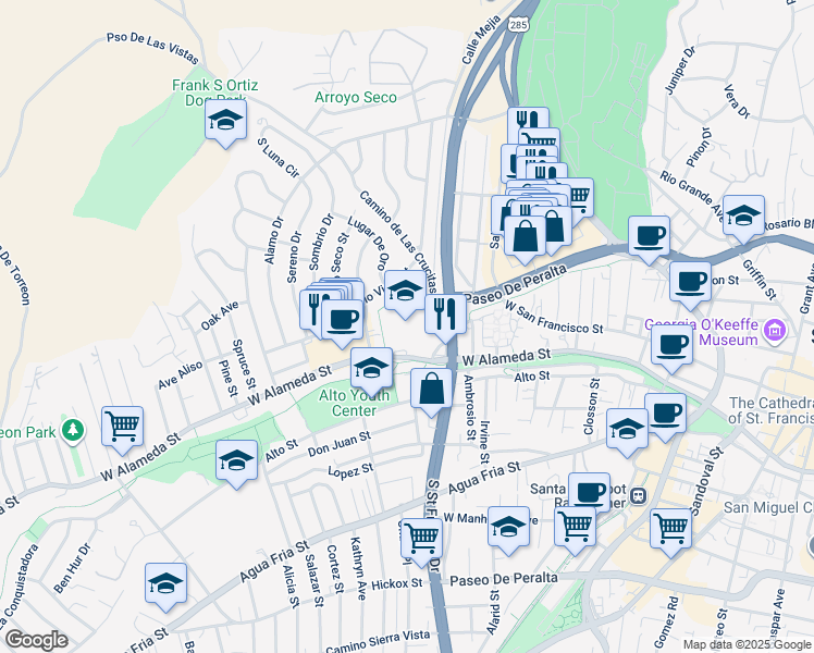 map of restaurants, bars, coffee shops, grocery stores, and more near 851 West Alameda Street in Santa Fe