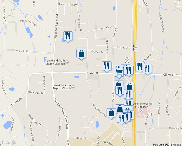 map of restaurants, bars, coffee shops, grocery stores, and more near 480 Oil Well Rd in Jackson