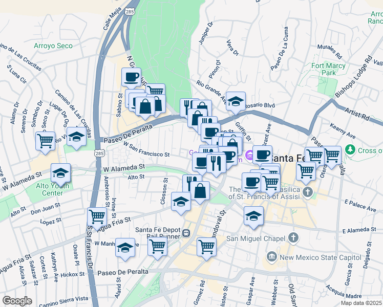 map of restaurants, bars, coffee shops, grocery stores, and more near 529 West San Francisco Street in Santa Fe