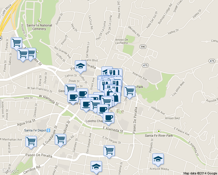 map of restaurants, bars, coffee shops, grocery stores, and more near 215 Lincoln Ave in Santa Fe