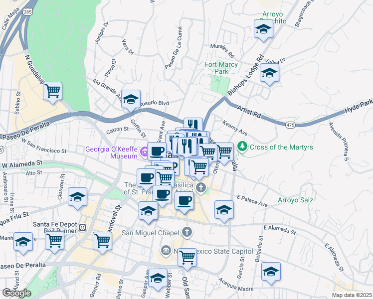 map of restaurants, bars, coffee shops, grocery stores, and more near 215 Lincoln Avenue in Santa Fe