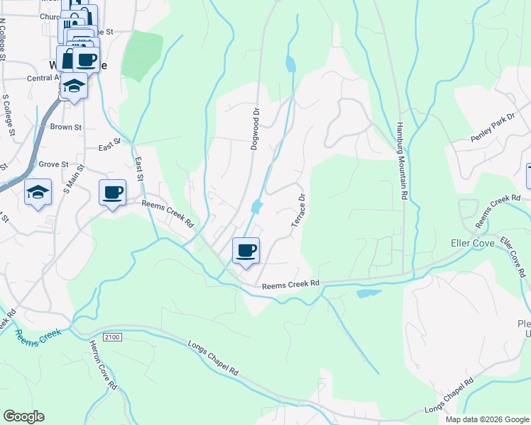 map of restaurants, bars, coffee shops, grocery stores, and more near 99999 Lakeview Lane in Weaverville