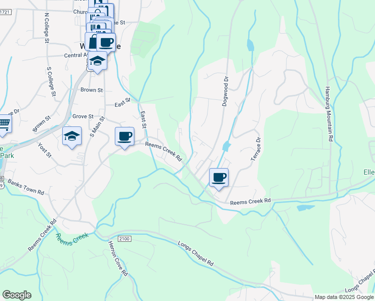 map of restaurants, bars, coffee shops, grocery stores, and more near 9 Shanna Drive in Weaverville