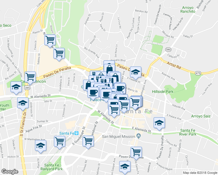 map of restaurants, bars, coffee shops, grocery stores, and more near 220 Mckenzie Street in Santa Fe