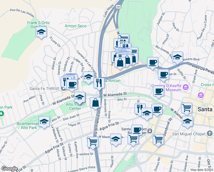 map of restaurants, bars, coffee shops, grocery stores, and more near 215 Las Crucitas Street in Santa Fe