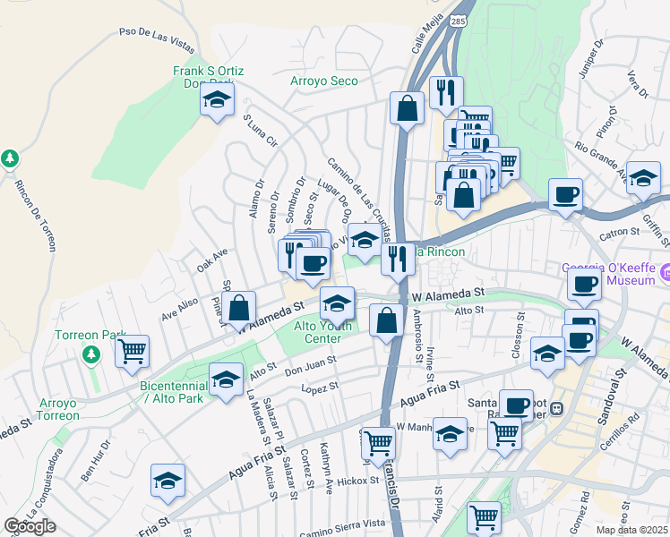 map of restaurants, bars, coffee shops, grocery stores, and more near 73 Placita de Oro in Santa Fe