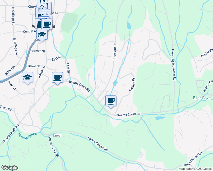 map of restaurants, bars, coffee shops, grocery stores, and more near 31 Dogwood Drive in Weaverville
