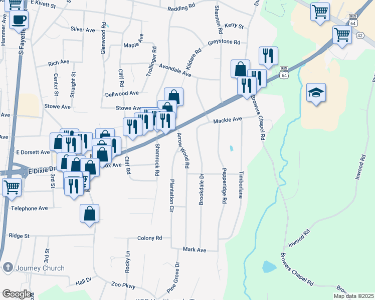 map of restaurants, bars, coffee shops, grocery stores, and more near 1300 Arrowwood Road in Asheboro