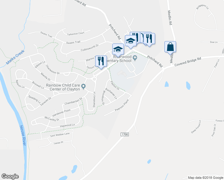 map of restaurants, bars, coffee shops, grocery stores, and more near 136 Buchanan Lane in Clayton