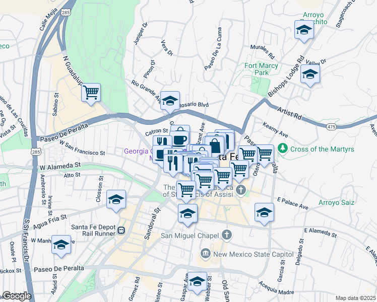 map of restaurants, bars, coffee shops, grocery stores, and more near 206 Mckenzie Street in Santa Fe