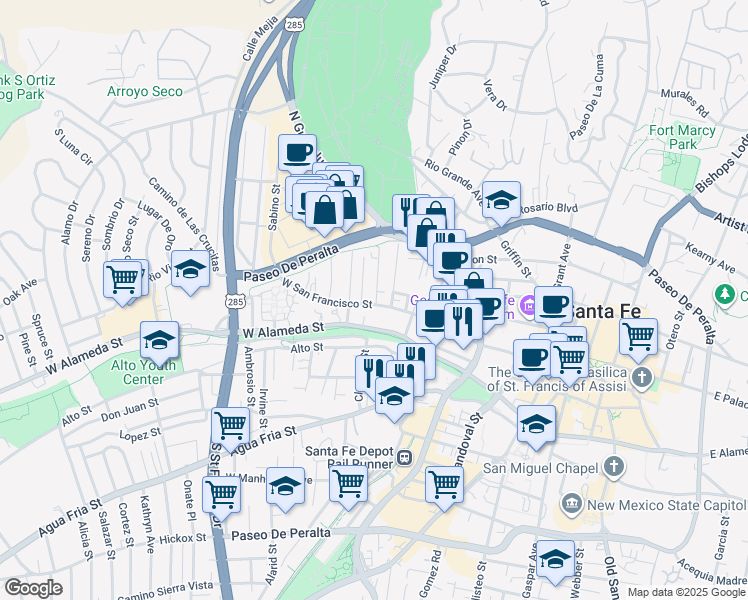 map of restaurants, bars, coffee shops, grocery stores, and more near 560 West San Francisco Street in Santa Fe