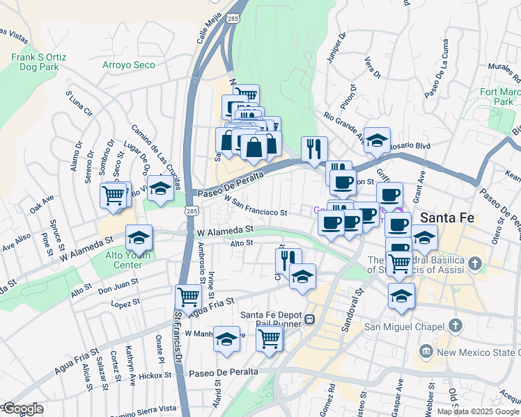 map of restaurants, bars, coffee shops, grocery stores, and more near 620 West San Francisco Street in Santa Fe