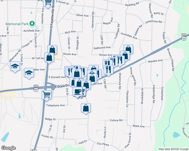 map of restaurants, bars, coffee shops, grocery stores, and more near 539 East Dixie Drive in Asheboro