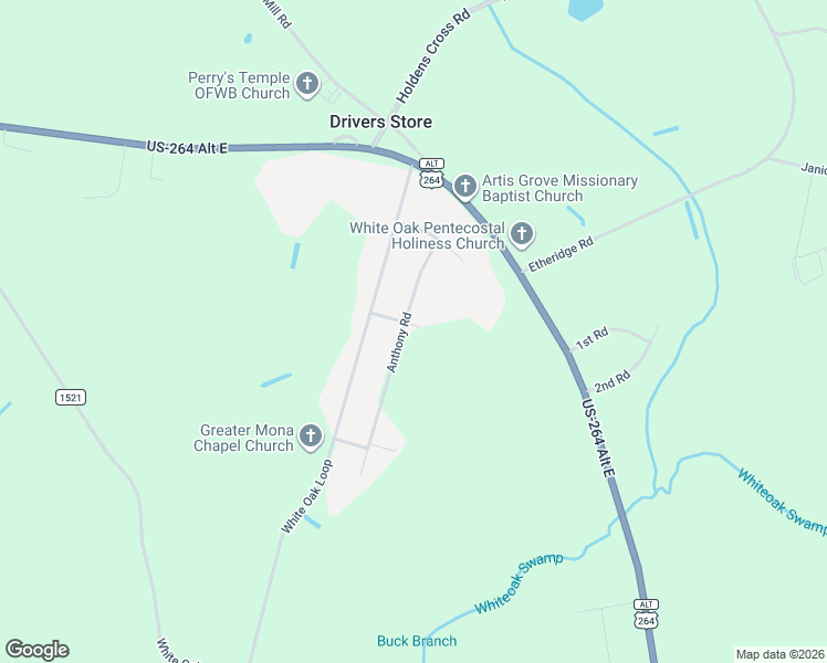 map of restaurants, bars, coffee shops, grocery stores, and more near 5018 Anthony Road in Wilson