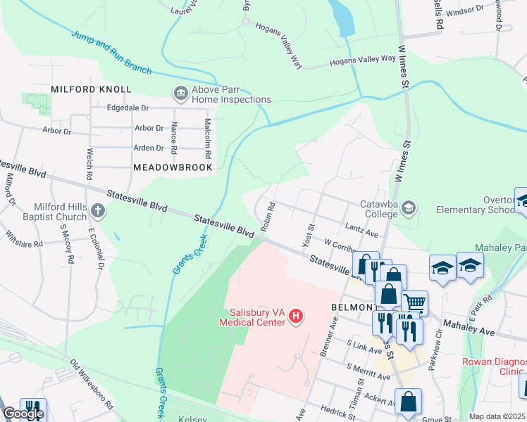 map of restaurants, bars, coffee shops, grocery stores, and more near 2021 Robin Road in Salisbury