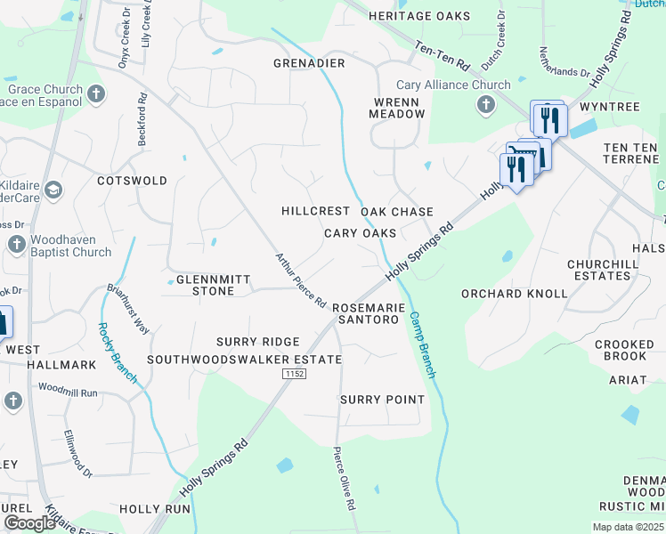 map of restaurants, bars, coffee shops, grocery stores, and more near 8412 Tree Haven Drive in Apex