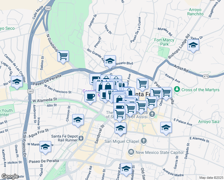 map of restaurants, bars, coffee shops, grocery stores, and more near 299 Mckenzie Street in Santa Fe